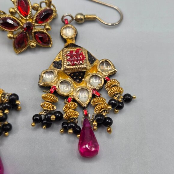 Gold Tone Red Stone Dangle Earrings Bundle Thai Balinese Boho - Picture 2 of 8
